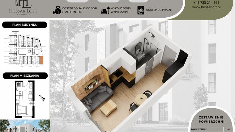 Rzut - Mieszkanie na sprzedaż 1 pokój o powierzchni 19,5 m² - numer 1 w Hussar Loft - Apartamenty inwestycyjne