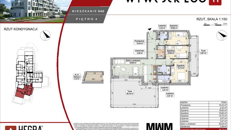 Rzut - Mieszkanie na sprzedaż 4 pokoje o powierzchni 94,25 m² - numer M49 w Apartamenty Wywrockiego 11