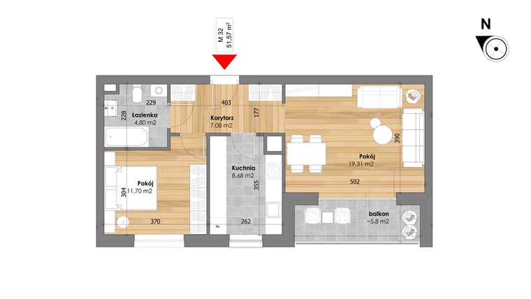 Rzut - Mieszkanie na sprzedaż 2 pokoje o powierzchni 51,57 m² - numer M32 w Przy Kochanowskiego