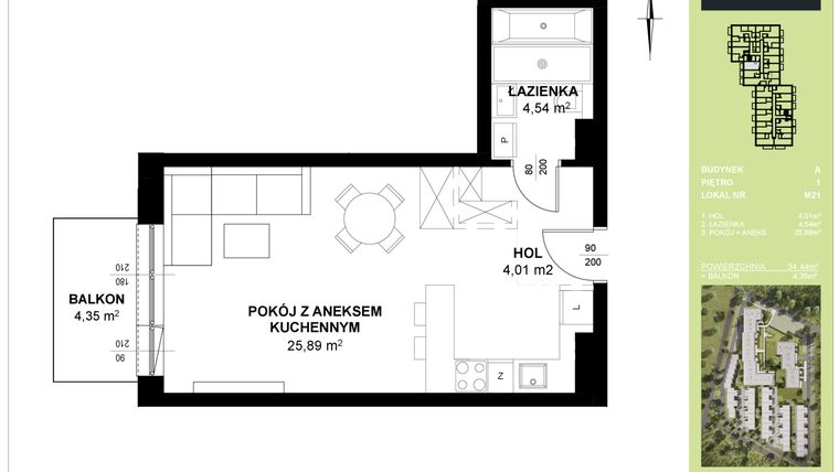 Rzut - Mieszkanie na sprzedaż 1 pokój o powierzchni 34,44 m² - numer A_M21 w Triton Kampinos III