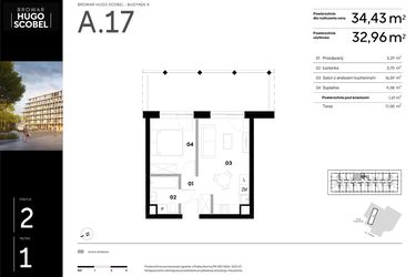 Rzut - Mieszkanie na sprzedaż 2 pokoje o powierzchni 34,43 m² - numer A.17 w Browar HUGO SCOBEL