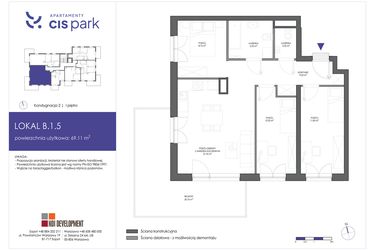Rzut - Mieszkanie na sprzedaż 4 pokoje o powierzchni 69,11 m² - numer B.1.5 w CIS Park