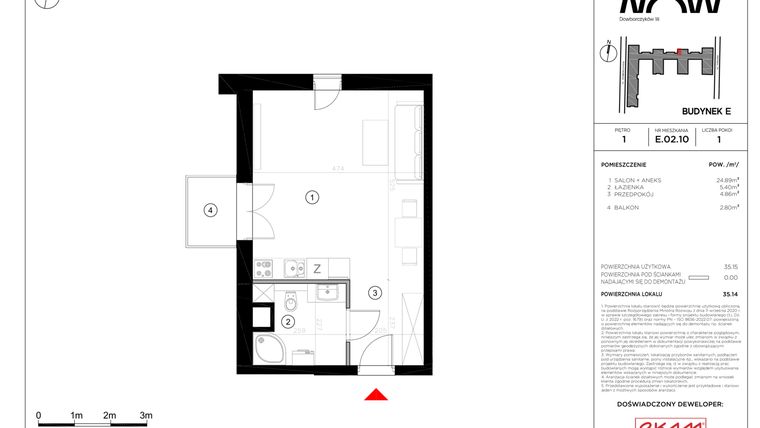 Rzut - Mieszkanie na sprzedaż 1 pokój o powierzchni 35,14 m² - numer E.02.10 w NOW