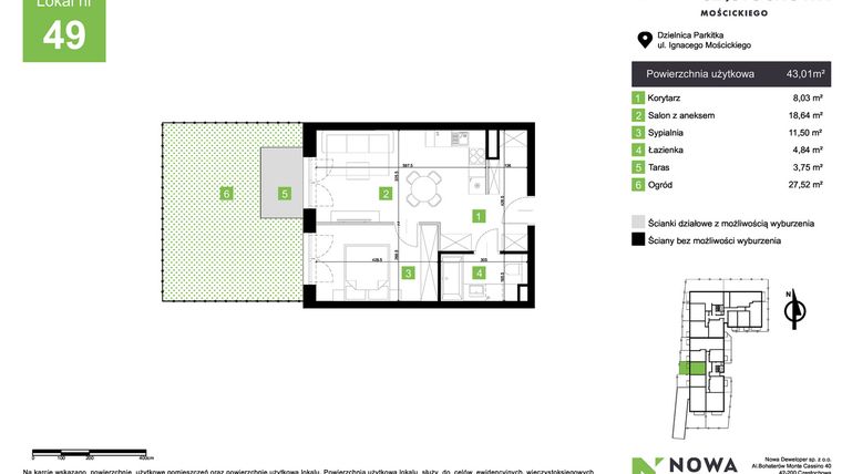 Rzut - Mieszkanie na sprzedaż 2 pokoje o powierzchni 43,01 m² - numer M49 w Nowa Częstochowa Mościckiego
