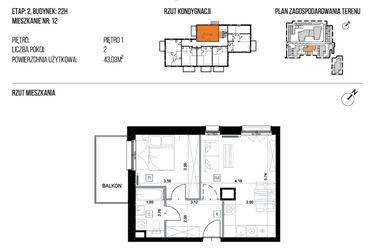 Rzut - Mieszkanie na sprzedaż 2 pokoje o powierzchni 43,03 m² - numer 22H/12 w NATURAMA II