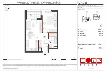 Rzut - Mieszkanie na sprzedaż 2 pokoje o powierzchni 38,76 m² - numer WS-L-A015 w Warszawski Świt etap XII