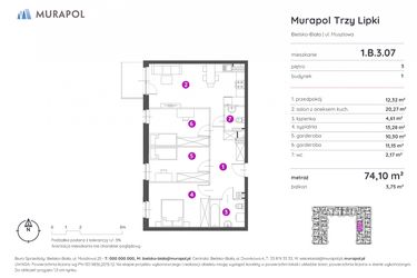 Rzut - Mieszkanie na sprzedaż 2 pokoje o powierzchni 74,1 m² - numer 1.B.3.07 w Murapol Trzy Lipki