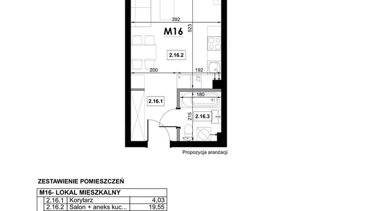Rzut - Mieszkanie na sprzedaż 1 pokój o powierzchni 28,7 m² - numer M16 w Miejska Premium II