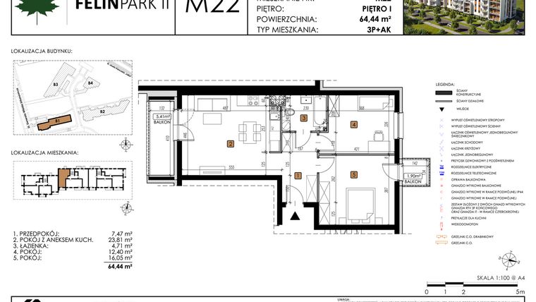 Rzut - Mieszkanie na sprzedaż 3 pokoje o powierzchni 64,41 m² - numer M22 w Felin Park II