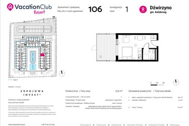 Rzut - Mieszkanie na sprzedaż 1 pokój o powierzchni 22,8 m² - numer 106 w VacationClub Resort
