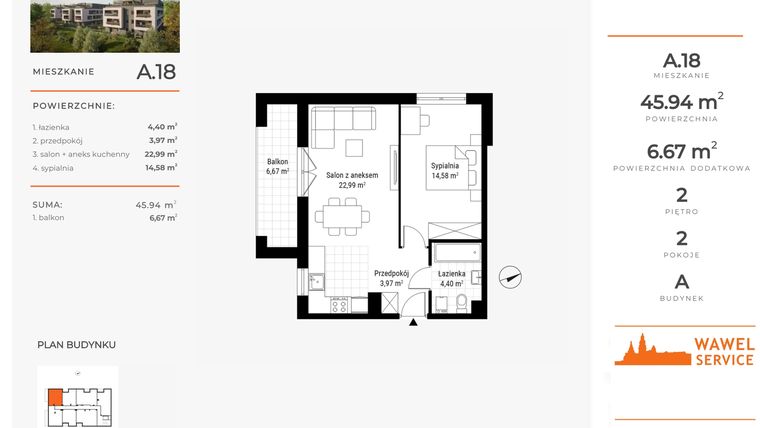 Rzut - Mieszkanie na sprzedaż 2 pokoje o powierzchni 45,94 m² - numer A.18 w Nowa Namiarkowa
