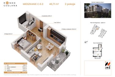 Rzut - Mieszkanie na sprzedaż 2 pokoje o powierzchni 46,7 m² - numer C.6.2 w Rondo Ceglana etap II