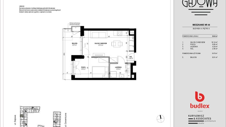 Rzut - Mieszkanie na sprzedaż 2 pokoje o powierzchni 35,28 m² - numer 44 w Gajowa bud. A