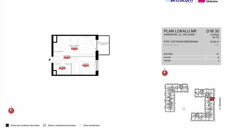 Rzut - Mieszkanie na sprzedaż 2 pokoje o powierzchni 38,28 m² - numer D1B 30 w Modern Mokotów etap 4, budynek D1 i D2