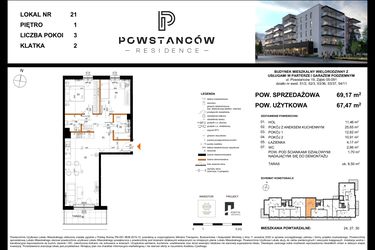 Rzut - Mieszkanie na sprzedaż 3 pokoje o powierzchni 67,47 m² - numer 21 w Powstańców Residence