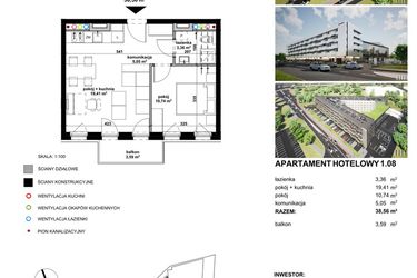 Rzut - Mieszkanie na sprzedaż 2 pokoje o powierzchni 38,4 m² - numer 1.08 w Apartamentowiec Zwycięska 3 - inwestycyjne