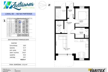 Rzut - Mieszkanie na sprzedaż 2 pokoje o powierzchni 49,88 m² - numer B.3 w Zastawna OdNova