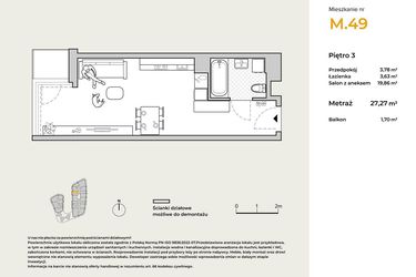 Rzut - Mieszkanie na sprzedaż 1 pokój o powierzchni 27,27 m² - numer M49 w Baja Piaśniki