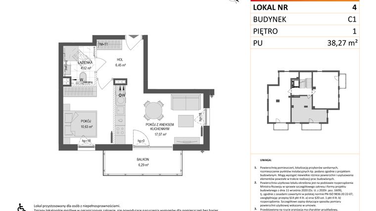 Rzut - Mieszkanie na sprzedaż 2 pokoje o powierzchni 38,27 m² - numer C1.4 w Gdańskie Zacisze