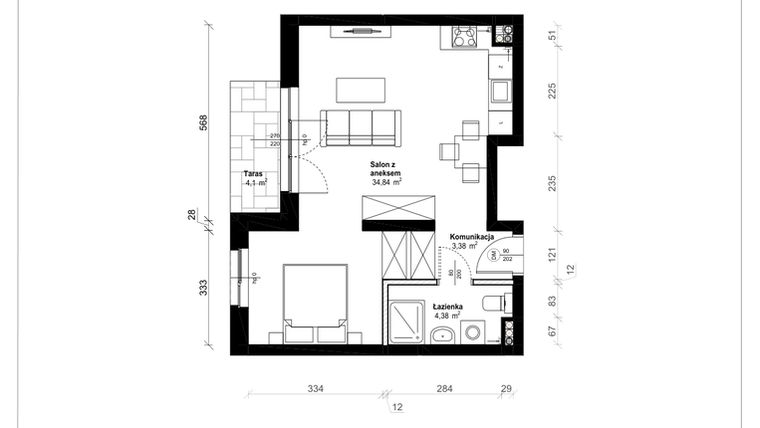 Rzut - Mieszkanie na sprzedaż 1 pokój o powierzchni 42,6 m² - numer B.0.02.1a w ATRIUM