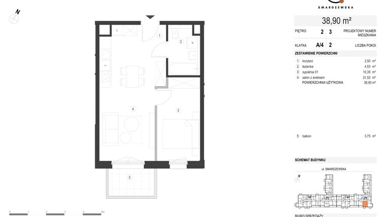 Rzut - Mieszkanie na sprzedaż 2 pokoje o powierzchni 38,9 m² - numer A/4/2.3 w Smardzewska 8