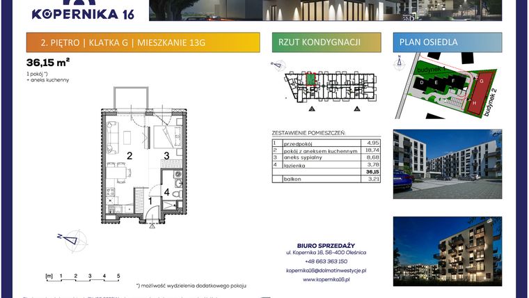 Rzut - Mieszkanie na sprzedaż 1 pokój o powierzchni 36,15 m² - numer G13 w Kopernika Szesnaście