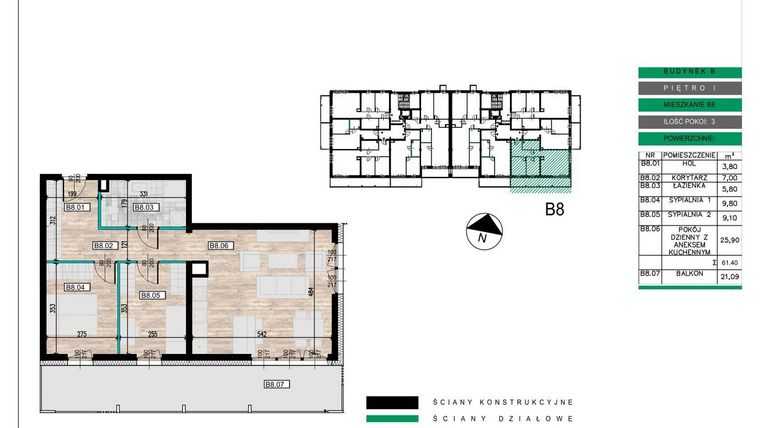 Rzut - Mieszkanie na sprzedaż 3 pokoje o powierzchni 61,4 m² - numer B08 w Lwowska 14