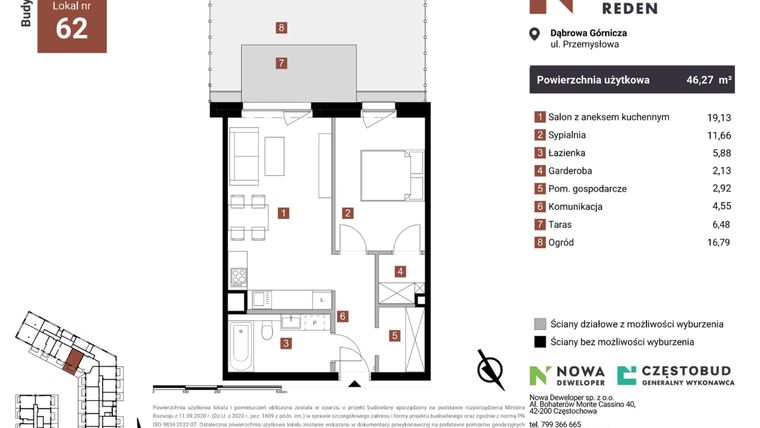Rzut - Mieszkanie na sprzedaż 2 pokoje o powierzchni 46,27 m² - numer A62-I w Nowy Reden