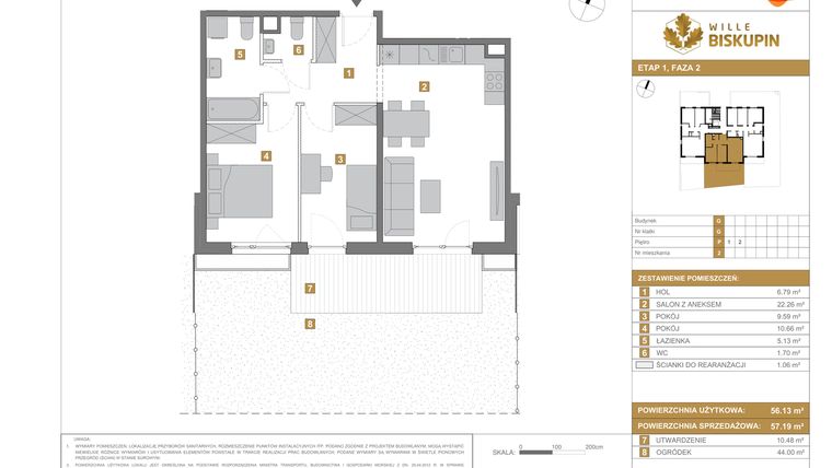 Rzut - Mieszkanie na sprzedaż 3 pokoje o powierzchni 57,19 m² - numer G.2 w Wille Biskupin II