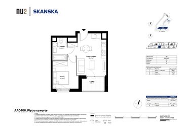 Rzut - Mieszkanie na sprzedaż 2 pokoje o powierzchni 34,69 m² - numer AA0406 w NU2 Warszawa Wola - apartamenty wykończone pod klucz