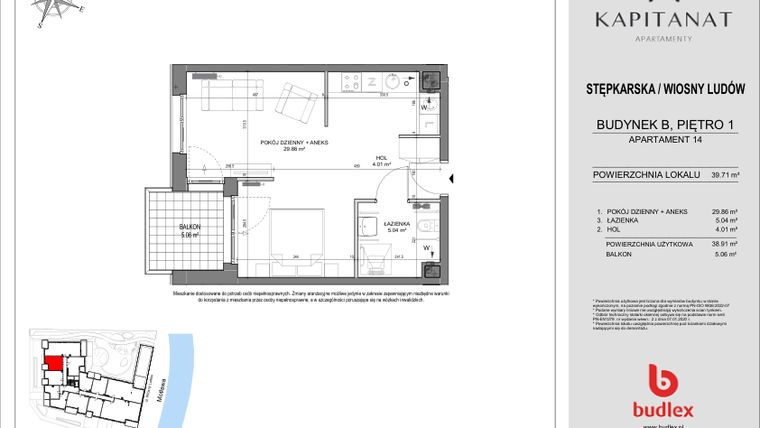 Rzut - Mieszkanie na sprzedaż 2 pokoje o powierzchni 39,71 m² - numer 14.B w Kapitanat Apartamenty