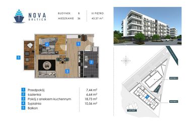 Rzut - Mieszkanie na sprzedaż 2 pokoje o powierzchni 43,37 m² - numer B36 w Nova Baltica Mieszkania Kołobrzeg