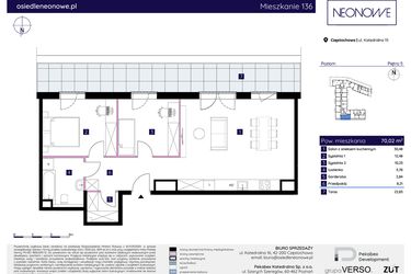 Rzut - Mieszkanie na sprzedaż 3 pokoje o powierzchni 70,02 m² - numer 15/136 w Osiedle Neonowe