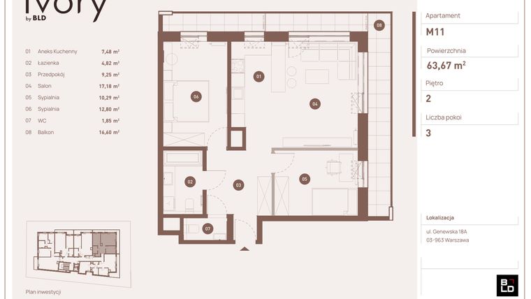 Rzut - Mieszkanie na sprzedaż 3 pokoje o powierzchni 63,67 m² - numer M11 w Ivory