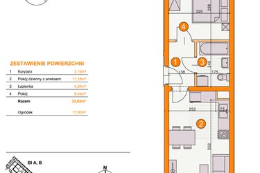 Rzut - Mieszkanie na sprzedaż 2 pokoje o powierzchni 33,82 m² - numer BI/C1 w Osiedle Bocianie Gniazdo 2