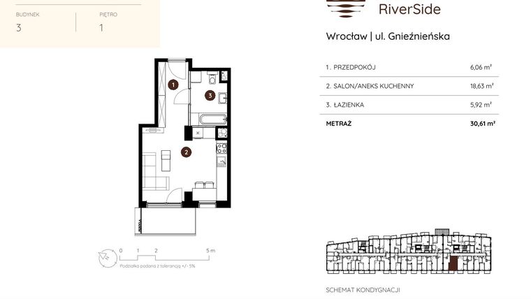 Rzut - Mieszkanie na sprzedaż 1 pokój o powierzchni 30,61 m² - numer 3.A.1.07 w Murapol RiverSide