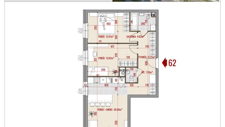 Rzut - Mieszkanie na sprzedaż 3 pokoje o powierzchni 68,88 m² - numer B1.62 w HUZAR B1