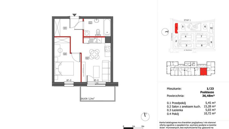 Rzut - Mieszkanie na sprzedaż 2 pokoje o powierzchni 36,48 m² - numer 1/23 w Słoneczny Zakątek