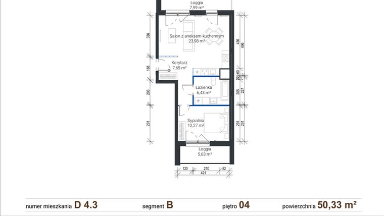 Rzut - Mieszkanie na sprzedaż 2 pokoje o powierzchni 50,33 m² - numer D 4.3 w Nowe Zabłocie