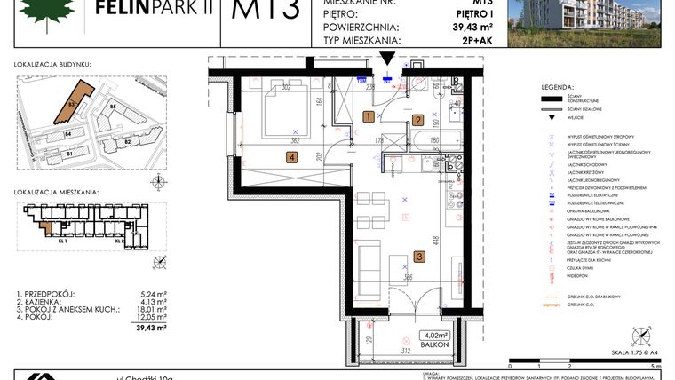 Rzut - Mieszkanie na sprzedaż 2 pokoje o powierzchni 39,43 m² - numer M13 w Felin Park II etap 2