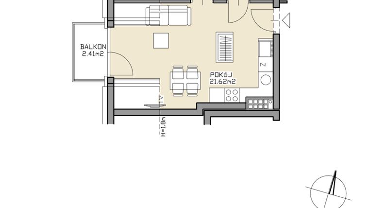 Rzut - Mieszkanie na sprzedaż 2 pokoje o powierzchni 32,93 m² - numer 43 w Apartamenty Zdrój