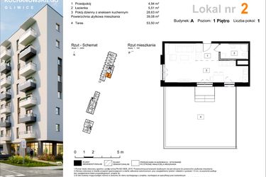 Rzut - Mieszkanie na sprzedaż 1 pokój o powierzchni 39,08 m² - numer A.2 w Osiedle Kochanowskiego - Gliwice