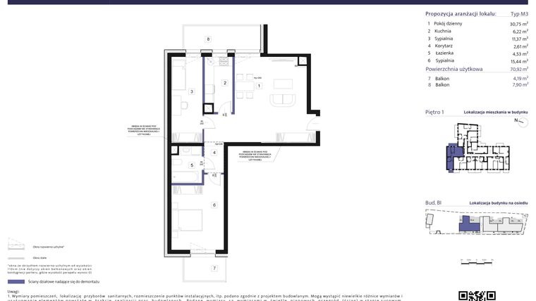 Rzut - Mieszkanie na sprzedaż 3 pokoje o powierzchni 70,92 m² - numer B1 – M1.6 w Primacasa