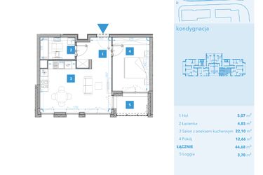Rzut - Mieszkanie na sprzedaż 2 pokoje o powierzchni 44,68 m² - numer 29 w Apartamenty Macadamia