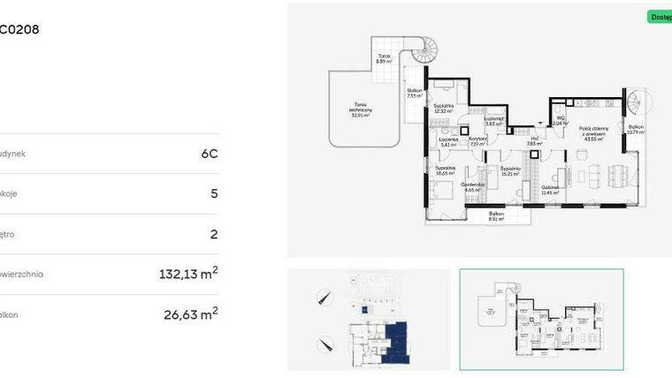 Rzut - Mieszkanie na sprzedaż 5 pokoi o powierzchni 132,13 m² - numer 6C0208 w Jaśminowy Mokotów etap VI