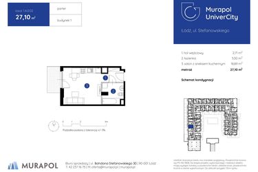 Rzut - Mieszkanie na sprzedaż 1 pokój o powierzchni 27,1 m² - numer 1.A.0.02 w Murapol UniverCity