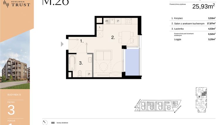 Rzut - Mieszkanie na sprzedaż 1 pokój o powierzchni 26,45 m² - numer B - M.26 w Dzielnica Trust - etap I