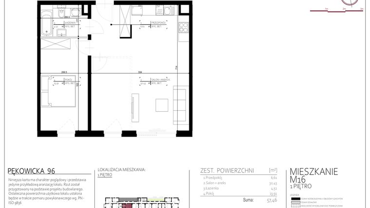 Rzut - Mieszkanie na sprzedaż 2 pokoje o powierzchni 57,46 m² - numer 16 w Pękowicka 96