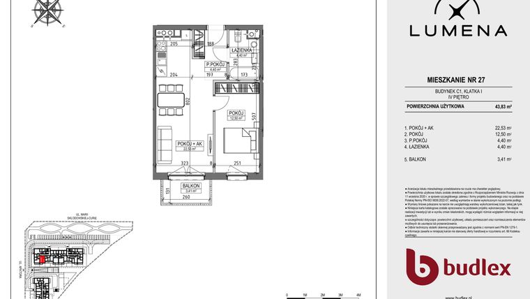 Rzut - Mieszkanie na sprzedaż 2 pokoje o powierzchni 43,83 m² - numer C1.27 w Lumena