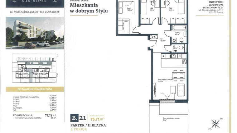 Rzut - Mieszkanie na sprzedaż 4 pokoje o powierzchni 75,71 m² - numer B21 w Mickiewicza